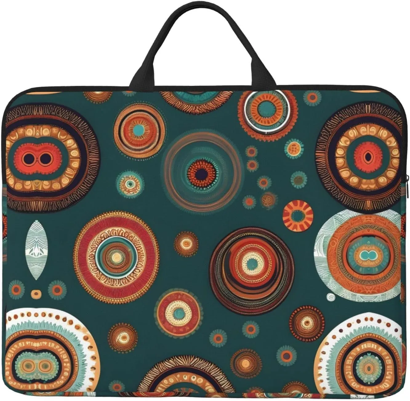 Ethnic Circles Floral Pattern 14in Laptop Case Sleeve Bag – Shoulder Messenger Briefcase Carrying Handle and Accessory Pocket
