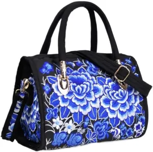 Ethnic Floral Embroidery Canvas Drum Bag Women's Handbag For Travel, Single Shoulder Crossbody, Handheld Embroidered