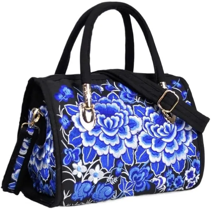 Ethnic Floral Embroidery Canvas Drum Bag Women's Handbag For Travel, Single Shoulder Crossbody, Handheld Embroidered