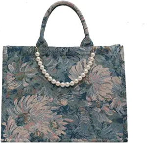 Fashion luxury tote bag cotton linen one shoulder large capacity jacquard embroidery retro Oil Painting handbag