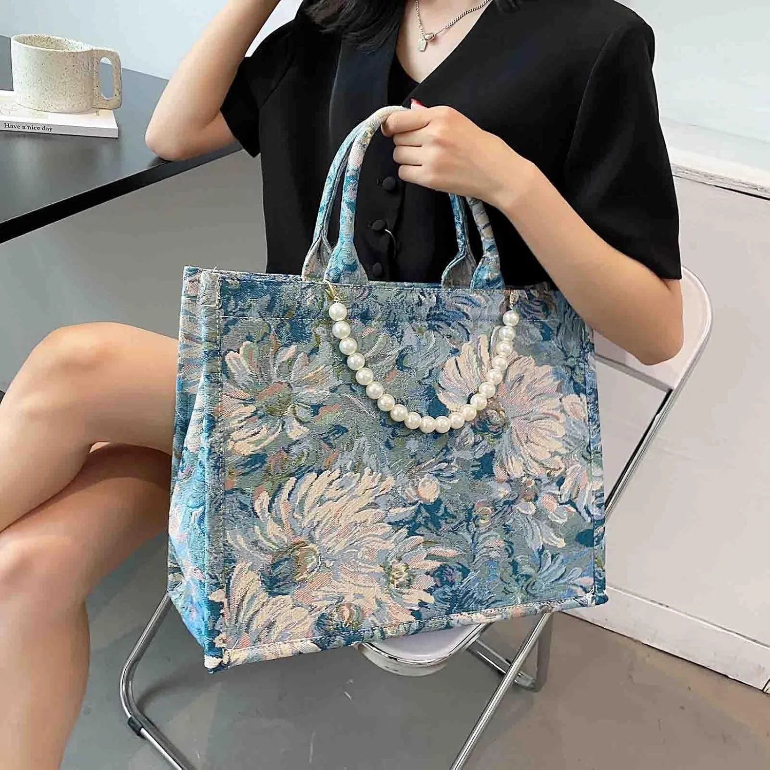 Fashion luxury tote bag cotton linen one shoulder large capacity jacquard embroidery retro Oil Painting handbag