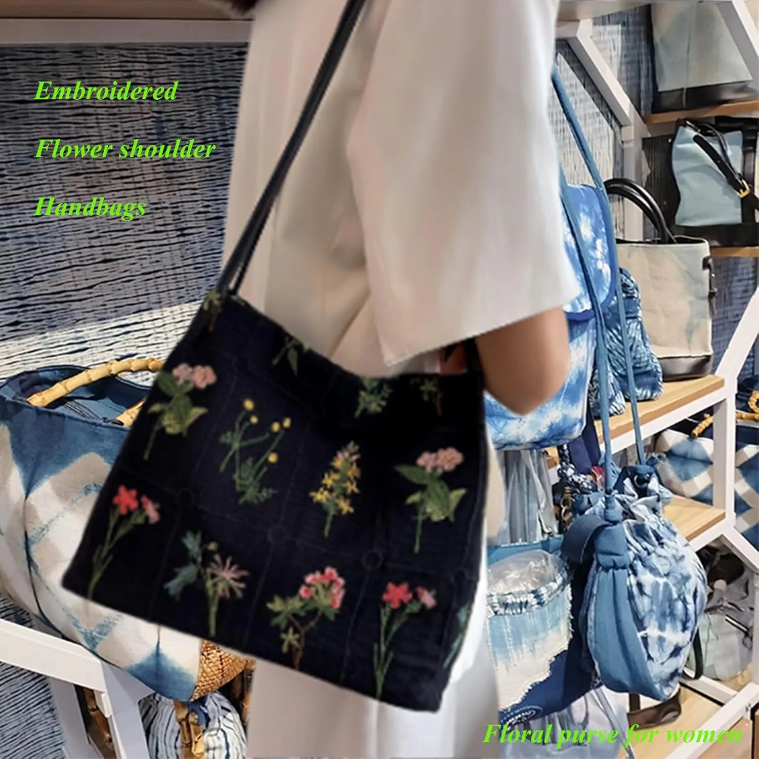 Floral Canvas Purse for Women, Embroidered Shoulder Handbag, Daily Work Bag with Pu Handle, Summer Purses Moms Gifts