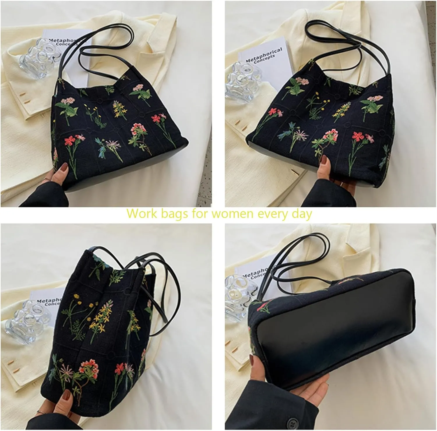Floral Canvas Purse for Women, Embroidered Shoulder Handbag, Daily Work Bag with Pu Handle, Summer Purses Moms Gifts
