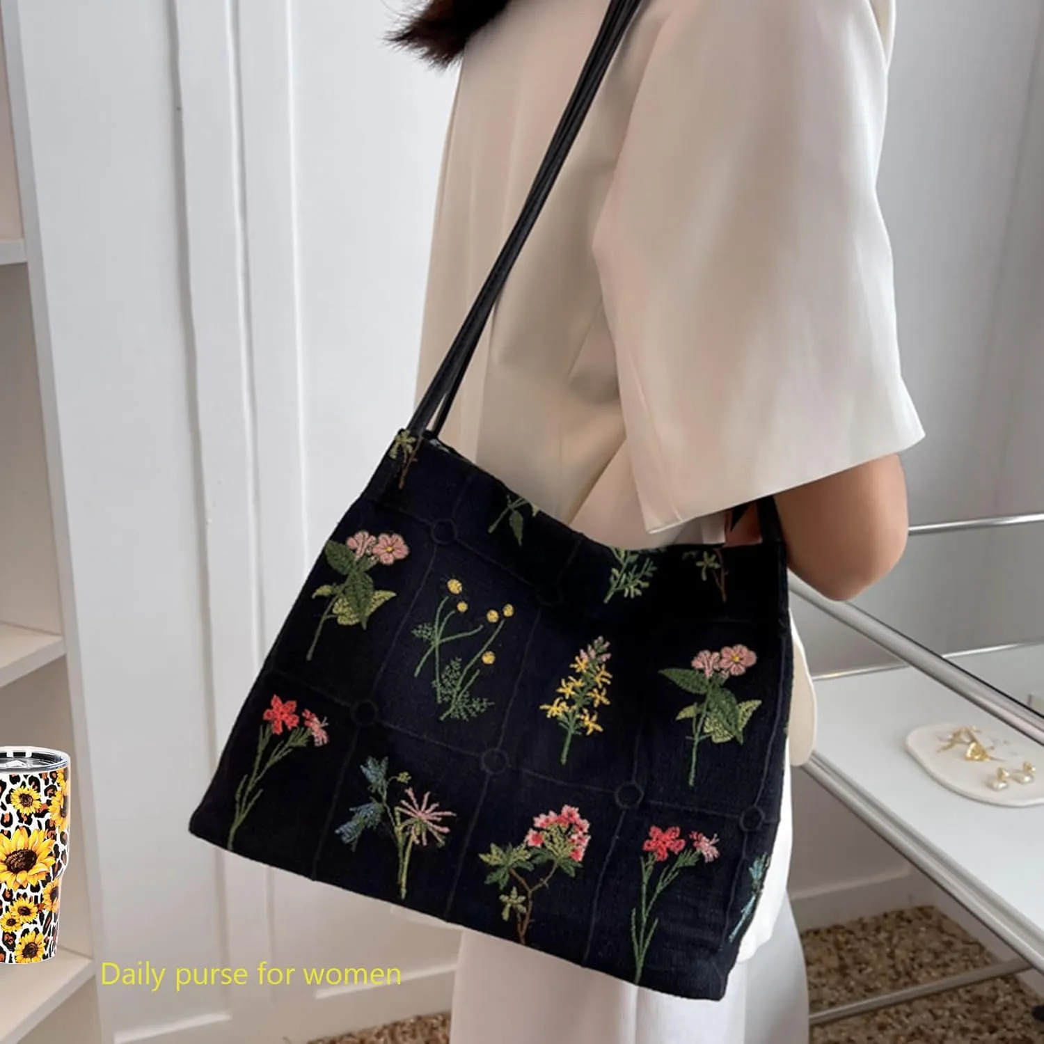 Floral Canvas Purse for Women, Embroidered Shoulder Handbag, Daily Work Bag with Pu Handle, Summer Purses Moms Gifts
