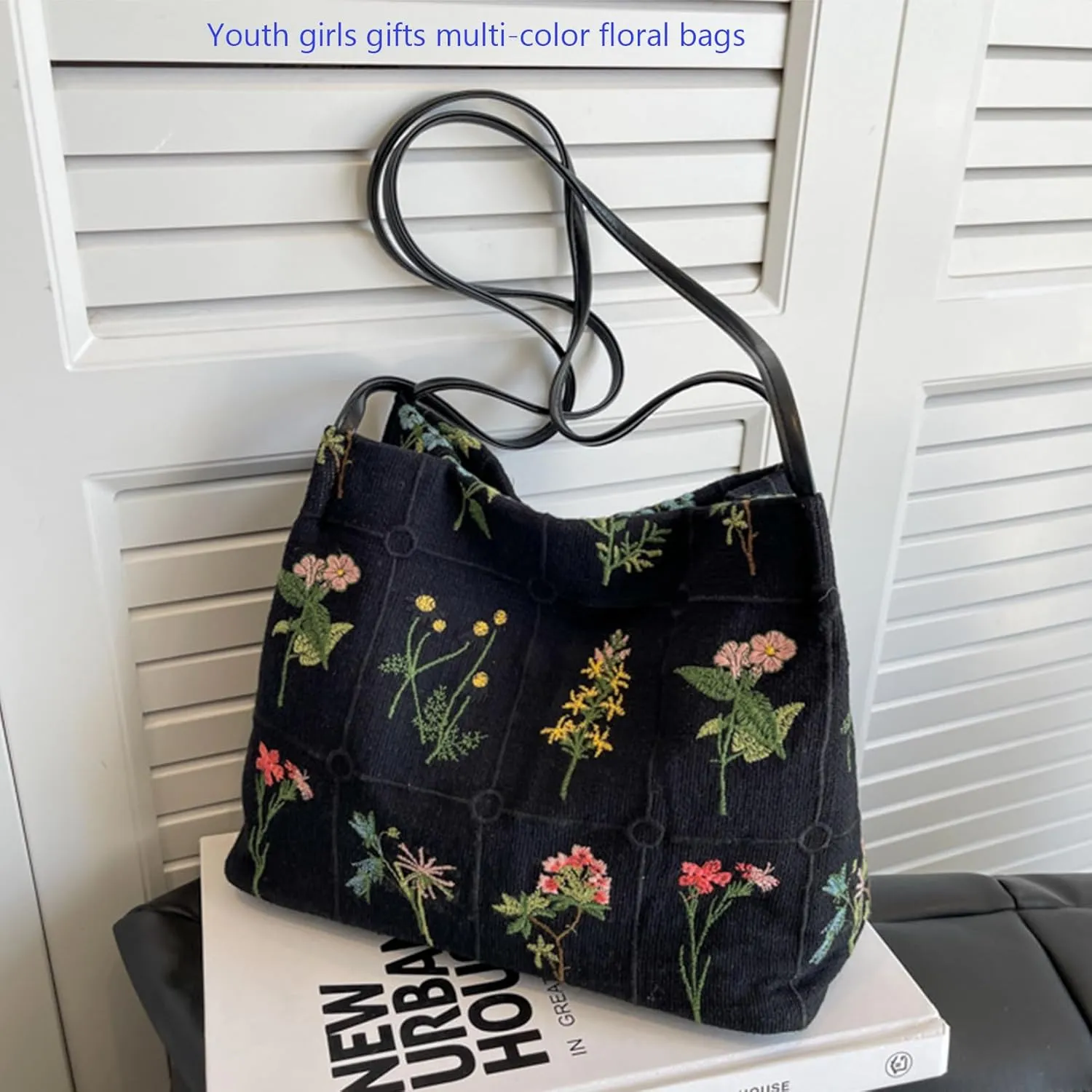 Floral Canvas Purse for Women, Embroidered Shoulder Handbag, Daily Work Bag with Pu Handle, Summer Purses Moms Gifts