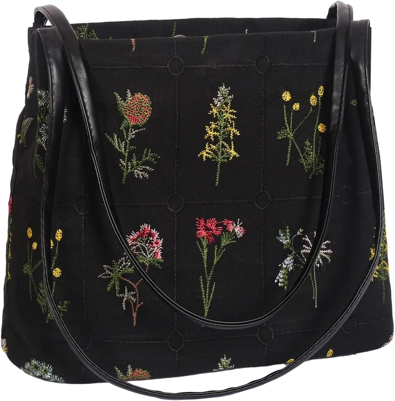 Floral Canvas Purse for Women, Embroidered Shoulder Handbag, Daily Work Bag with Pu Handle, Summer Purses Moms Gifts
