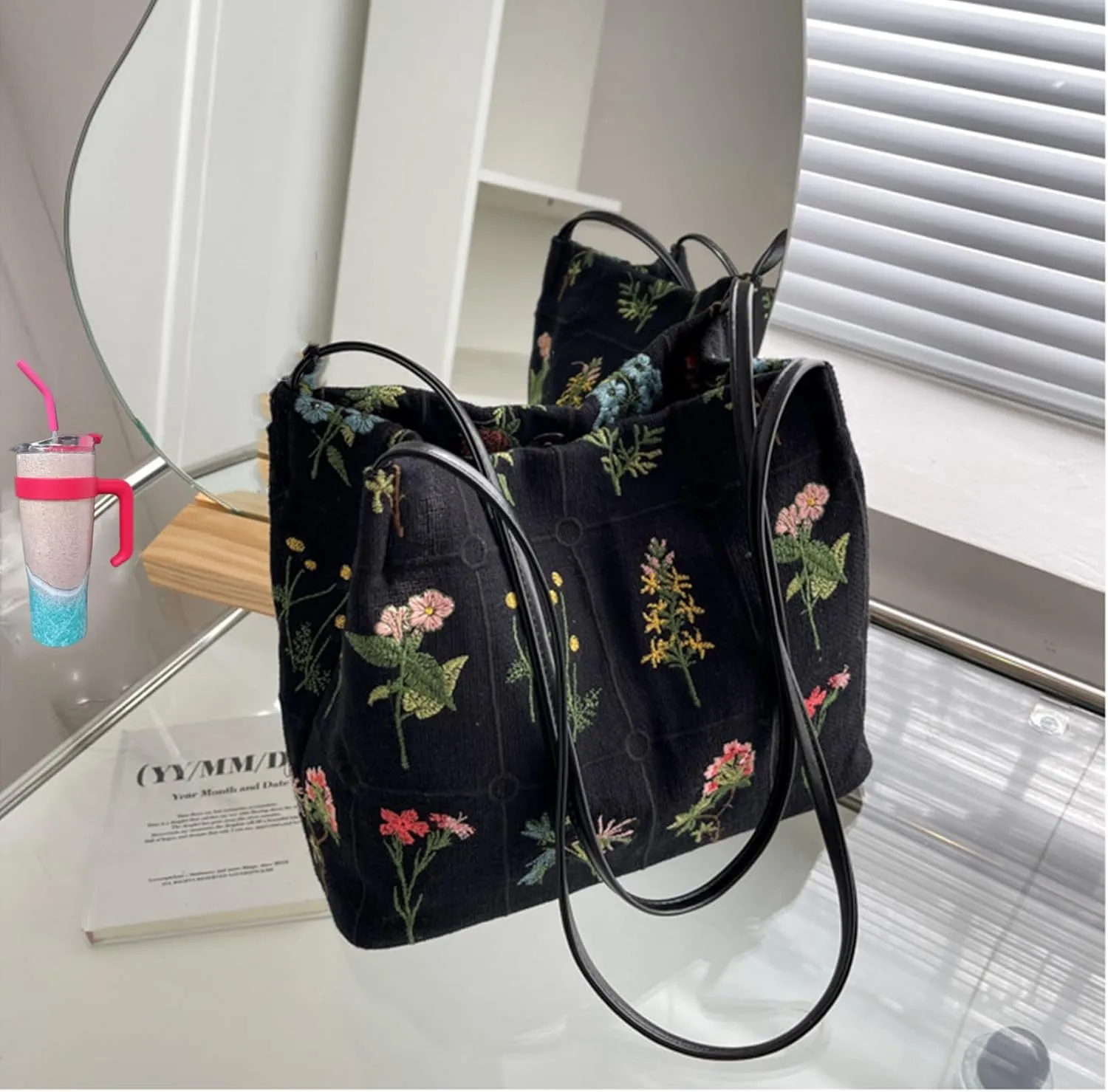 Floral Canvas Purse for Women, Embroidered Shoulder Handbag, Daily Work Bag with Pu Handle, Summer Purses Moms Gifts