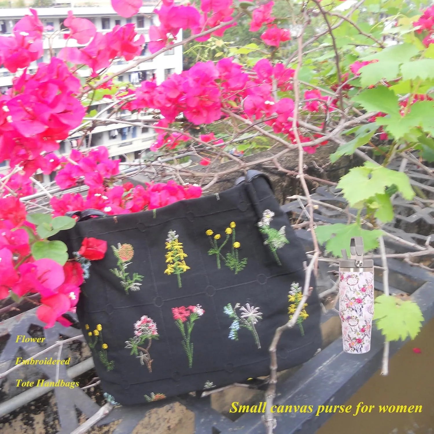 Floral Canvas Purse for Women, Embroidered Shoulder Handbag, Daily Work Bag with Pu Handle, Summer Purses Moms Gifts
