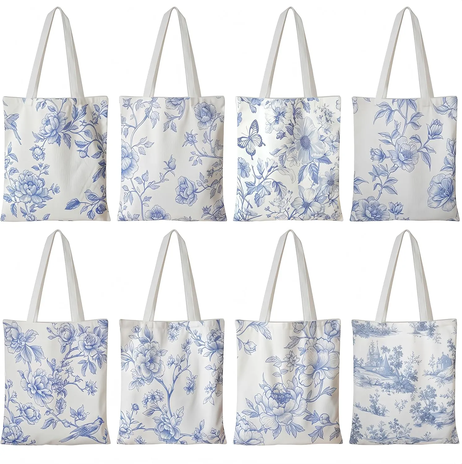 Floral Canvas Tote Bag for Women Chinoiserie Tote Bag Aesthetic Reusable Grocery Bags for Travel Shopping
