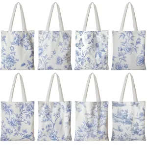 Floral Canvas Tote Bag for Women Chinoiserie Tote Bag Aesthetic Reusable Grocery Bags for Travel Shopping