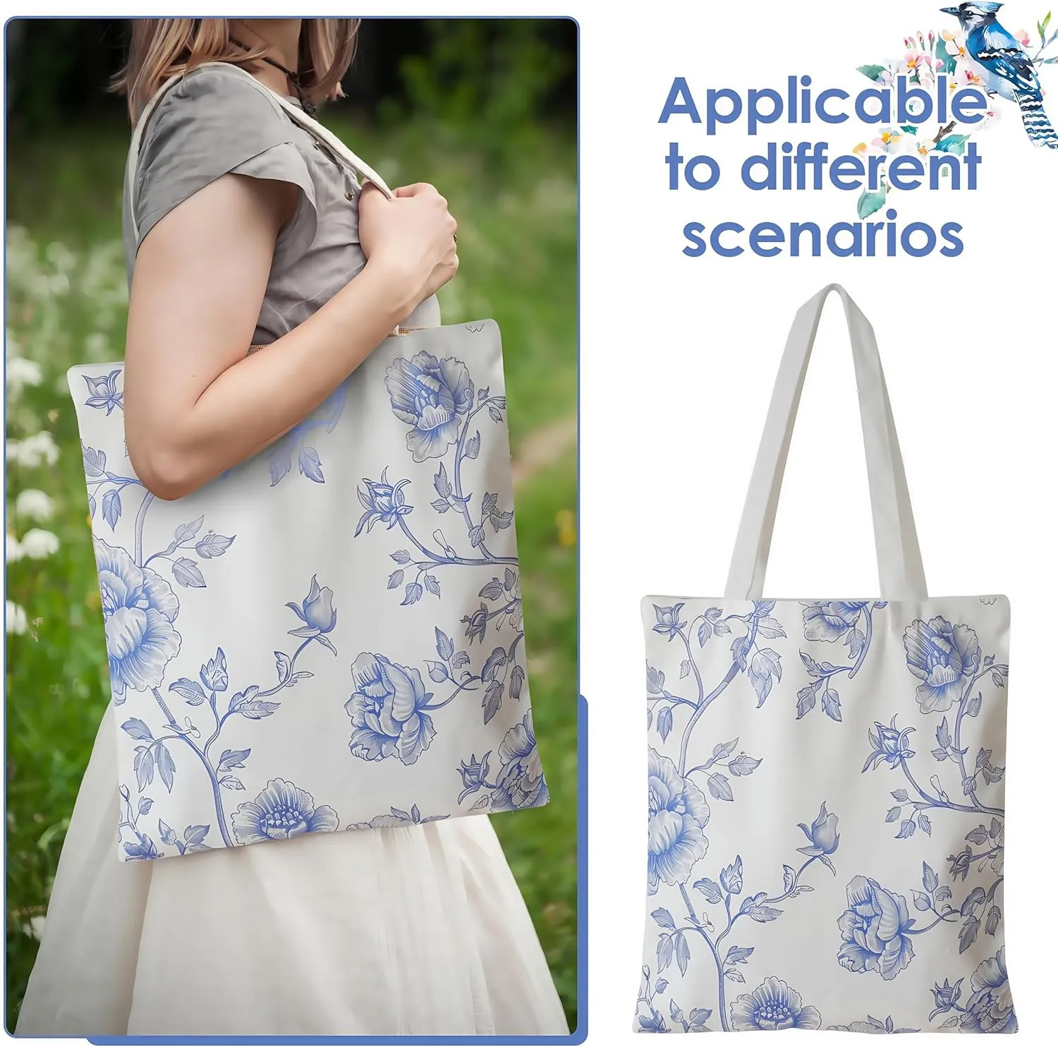 Floral Canvas Tote Bag for Women Chinoiserie Tote Bag Aesthetic Reusable Grocery Bags for Travel Shopping
