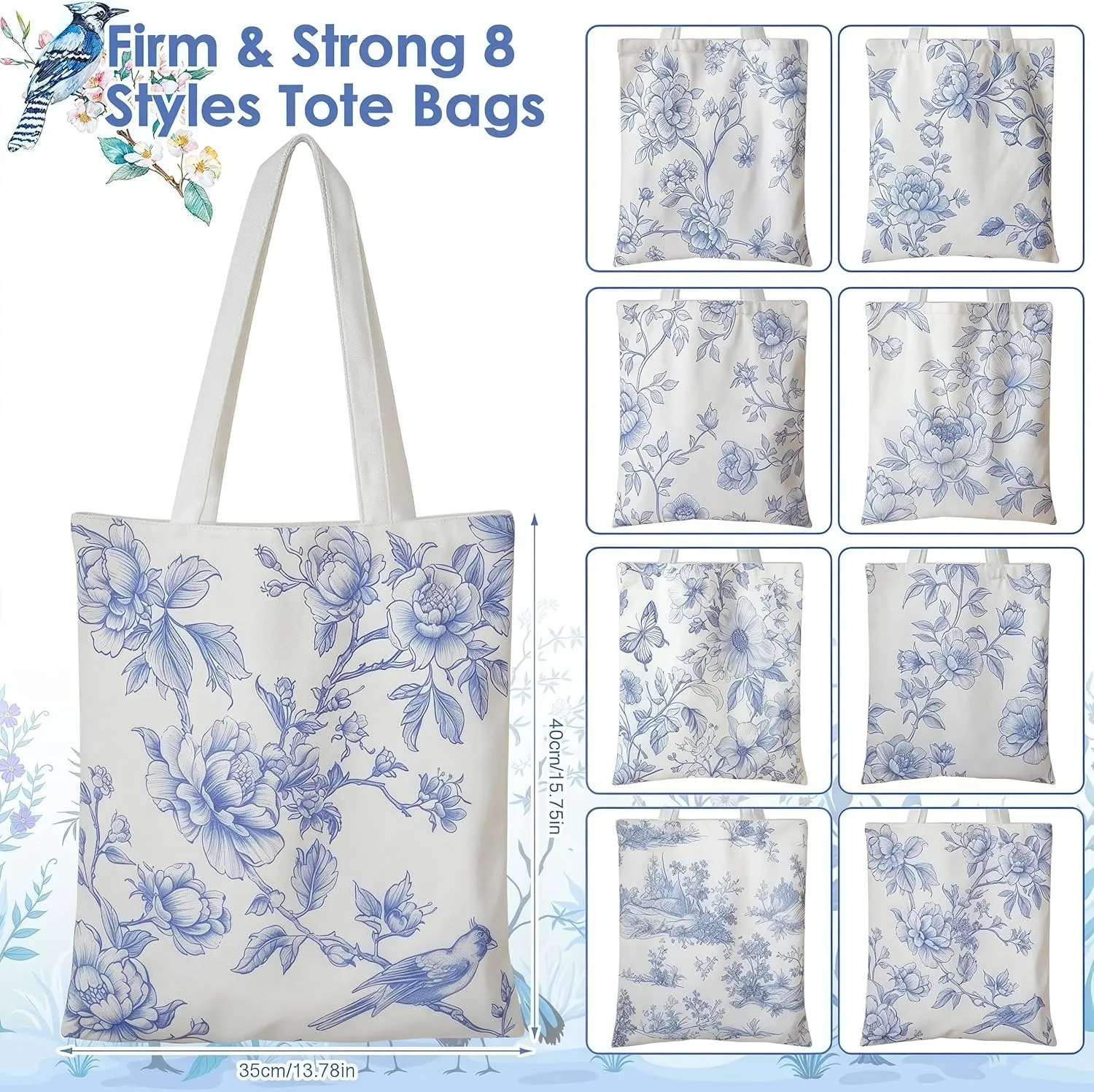 Floral Canvas Tote Bag for Women Chinoiserie Tote Bag Aesthetic Reusable Grocery Bags for Travel Shopping
