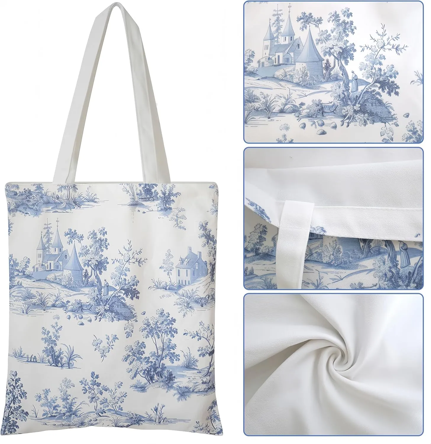 Floral Canvas Tote Bag for Women Chinoiserie Tote Bag Aesthetic Reusable Grocery Bags for Travel Shopping