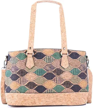 Floral Cork Handbag with Shoulder Strap, 15W x 8.5H inches, Vintage Style, Natural Cork and Cotton Blend