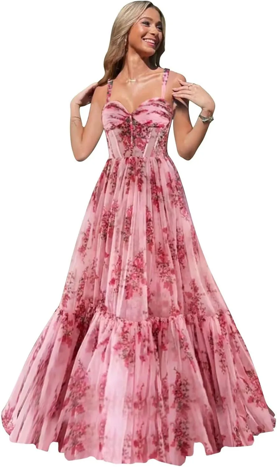 Floral Prom Dresses for Women Tiered Ruffle Long Formal Evening Gown
