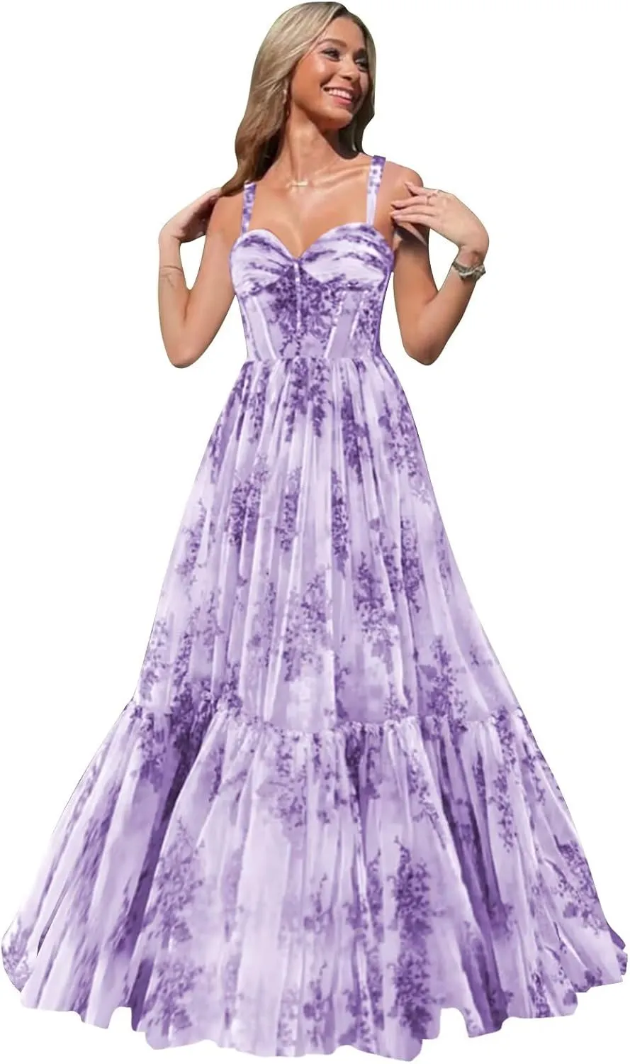 Floral Prom Dresses for Women Tiered Ruffle Long Formal Evening Gown