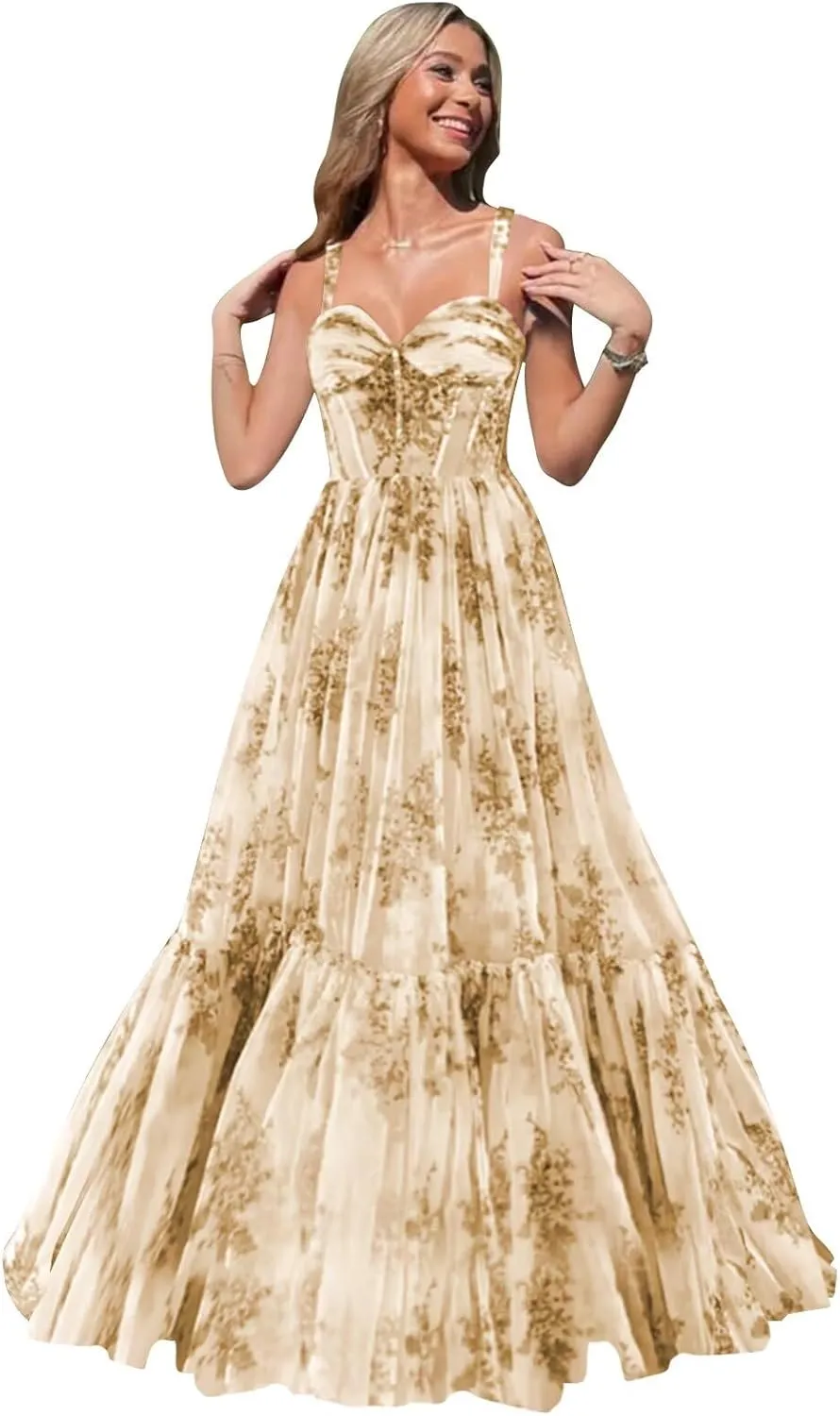 Floral Prom Dresses for Women Tiered Ruffle Long Formal Evening Gown