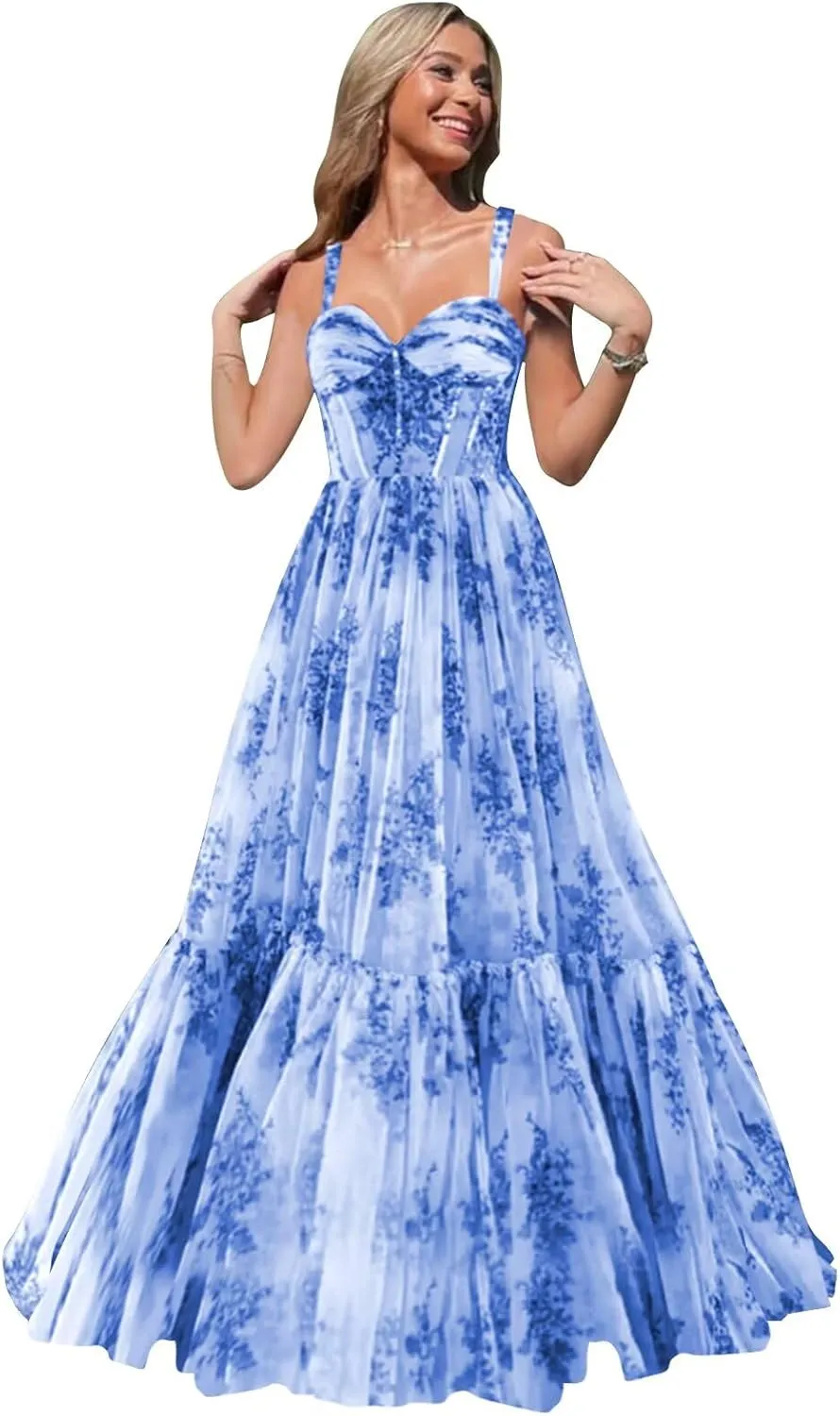 Floral Prom Dresses for Women Tiered Ruffle Long Formal Evening Gown