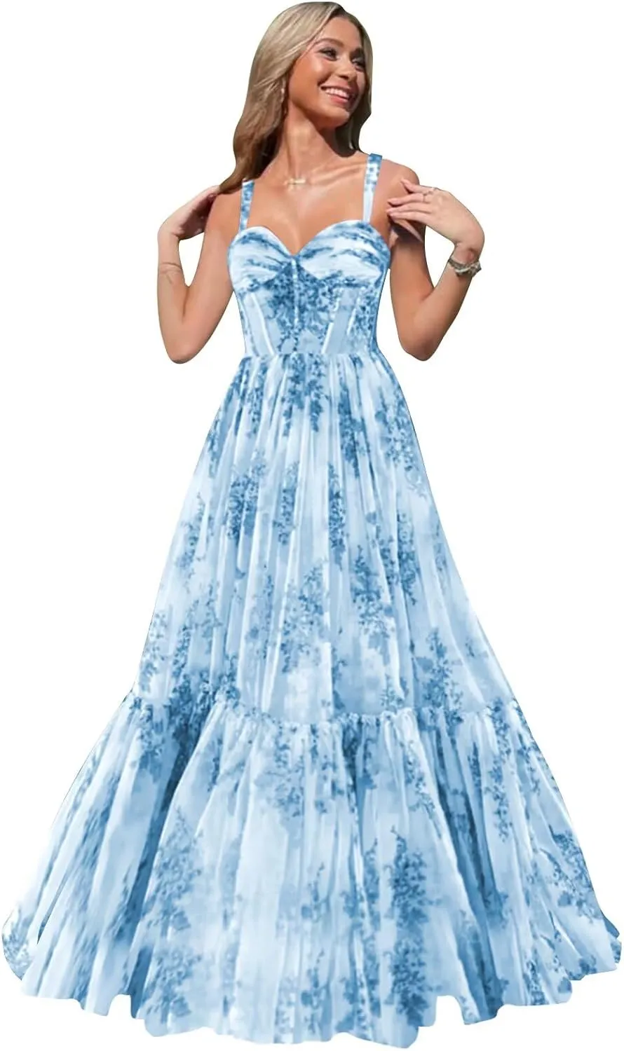 Floral Prom Dresses for Women Tiered Ruffle Long Formal Evening Gown