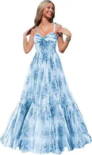 Floral Prom Dresses for Women Tiered Ruffle Long Formal Evening Gown