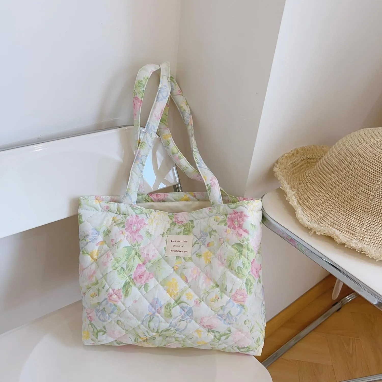 Floral Quilted Cotton Shoulder Bag for Women Daily Use Medium Size Handbag Large Capacity Thickened Design Tote