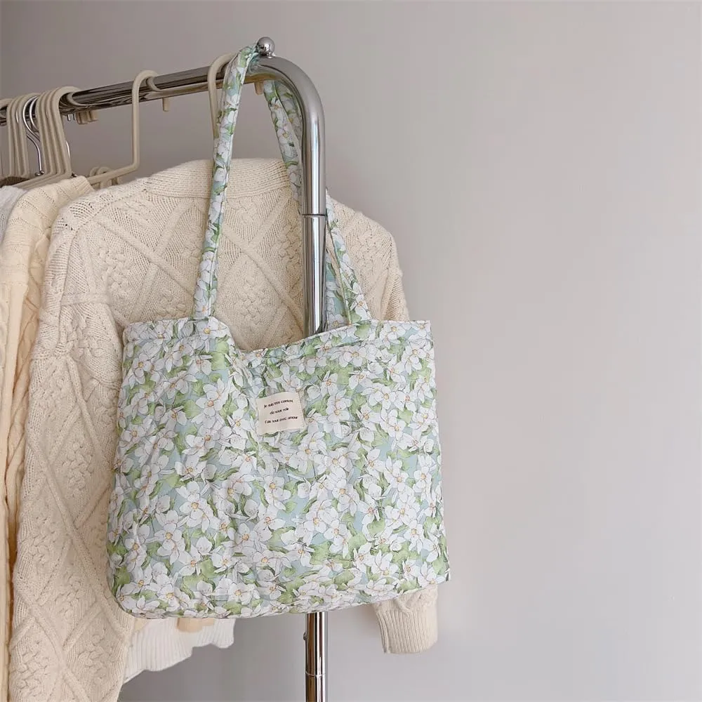 Floral Quilted Cotton Shoulder Bag for Women Medium Size Handbag Large Capacity Thickened Design Tote
