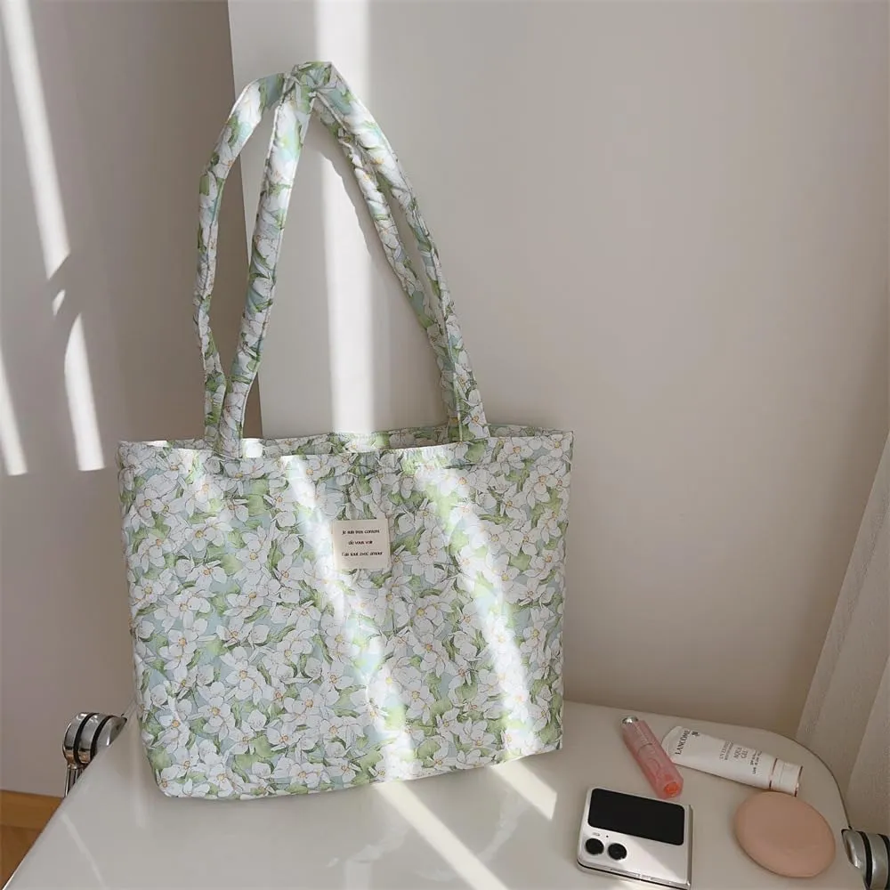 Floral Quilted Cotton Shoulder Bag for Women Medium Size Handbag Large Capacity Thickened Design Tote