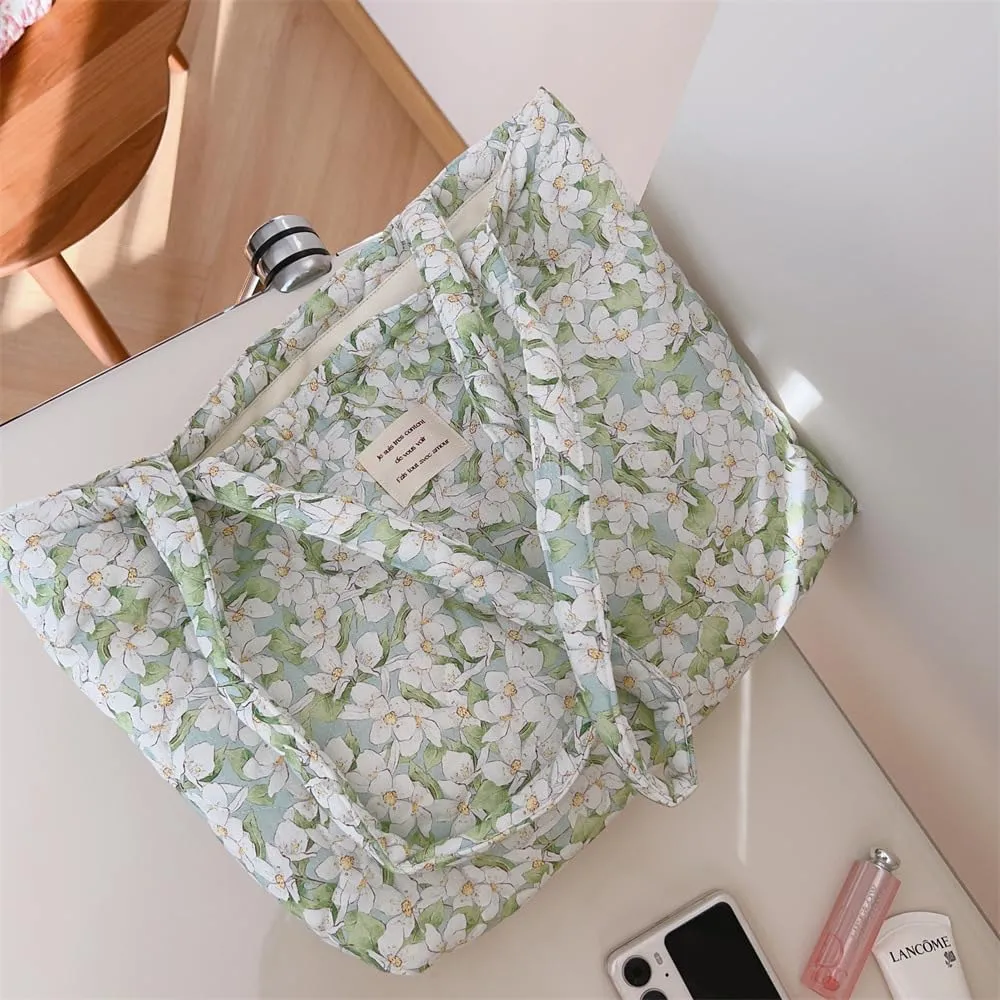 Floral Quilted Cotton Shoulder Bag for Women Medium Size Handbag Large Capacity Thickened Design Tote
