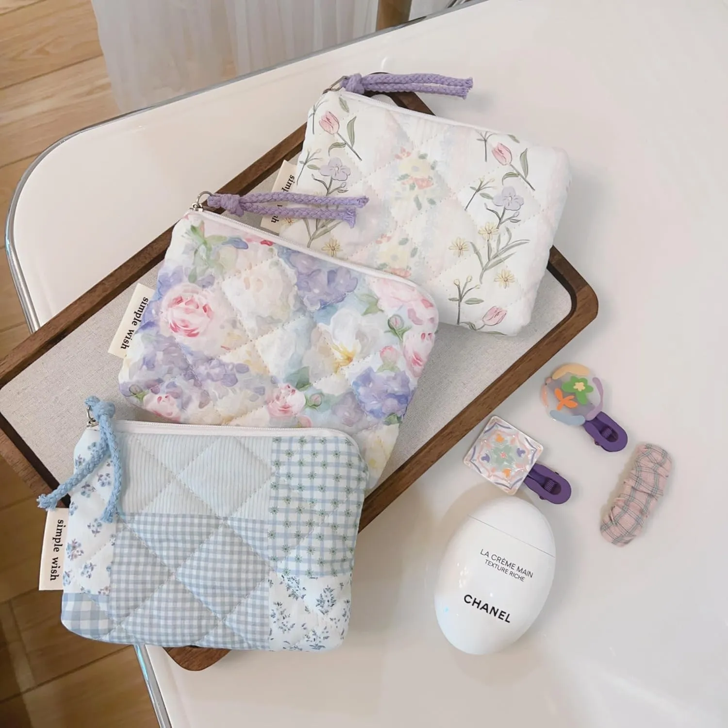 Floral Quilted Cotton Shoulder Bag Set 2-in-1 Handbag with Matching Mini Pouch Large Capacity Tote for Women A054