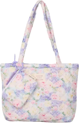 Floral Quilted Cotton Shoulder Bag Set 2-in-1 Handbag with Matching Mini Pouch Large Capacity Tote for Women A054