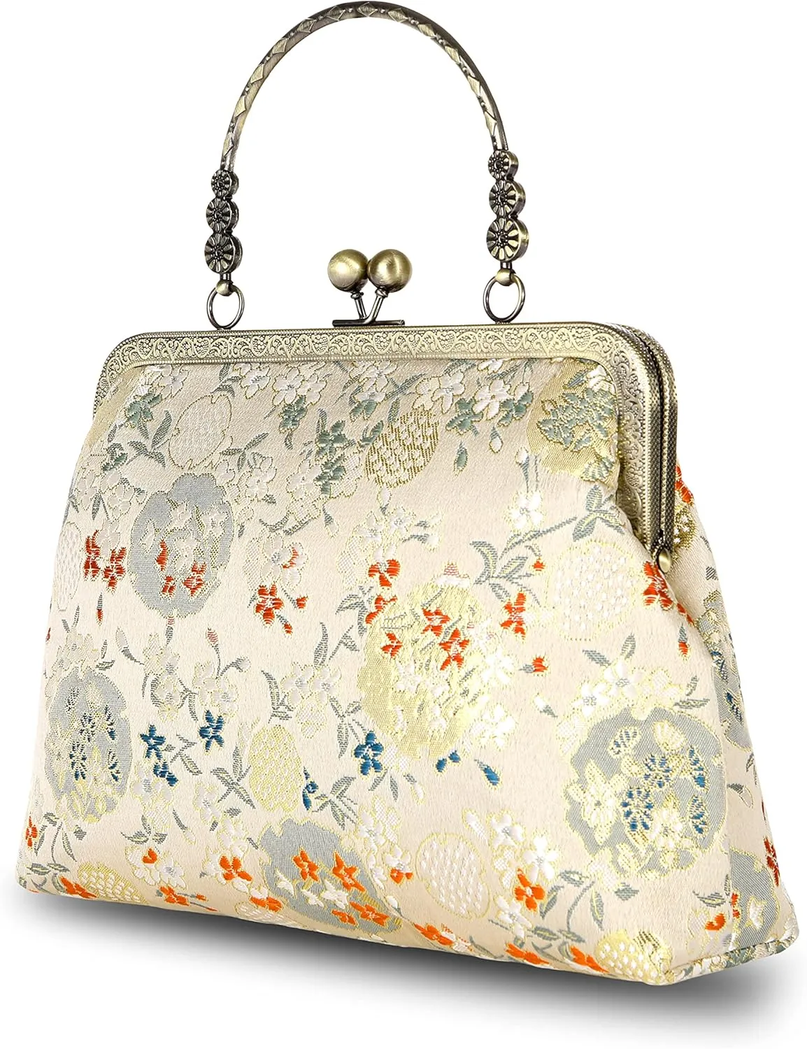 Floral Top-Handle Handbag, Kiss Lock Evening Bag for Women, Vintage Handbag