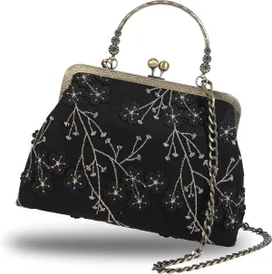 Floral Top-Handle Handbag, Kiss Lock Evening Bag for Women, Vintage Handbag
