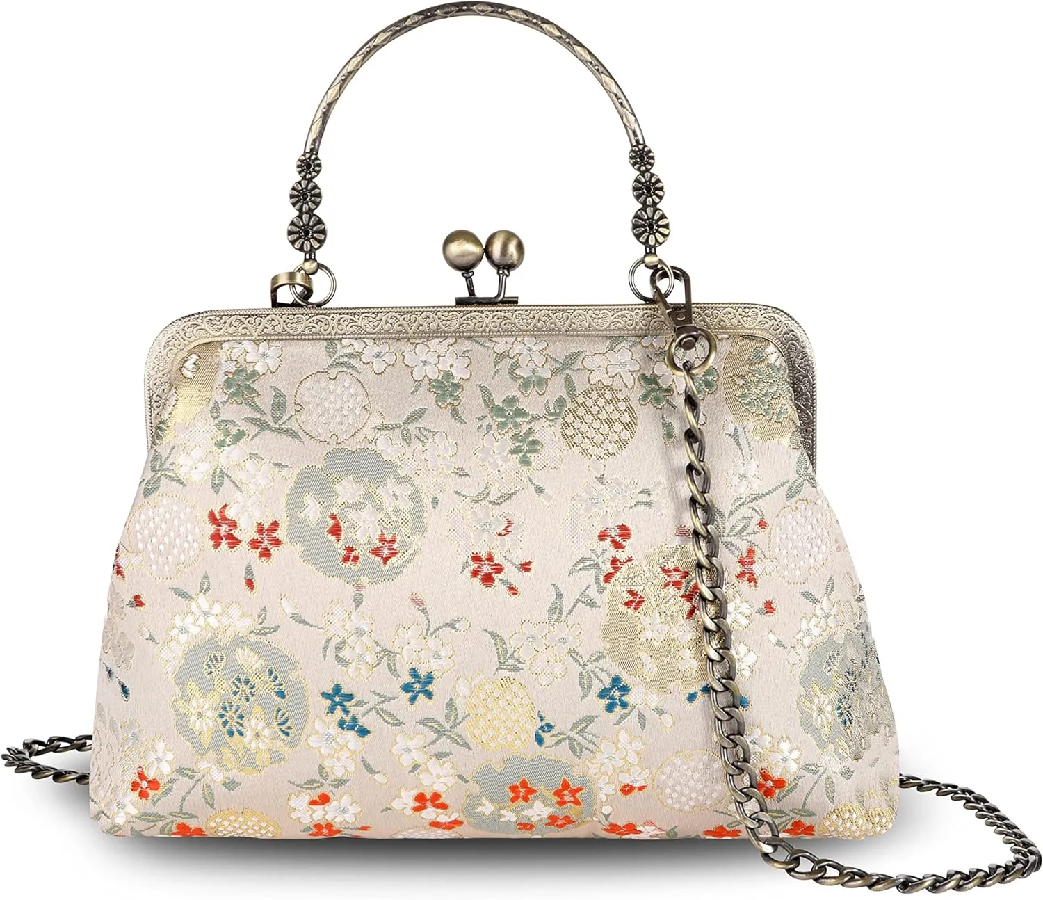 Floral Top-Handle Handbag, Kiss Lock Evening Bag for Women, Vintage Handbag