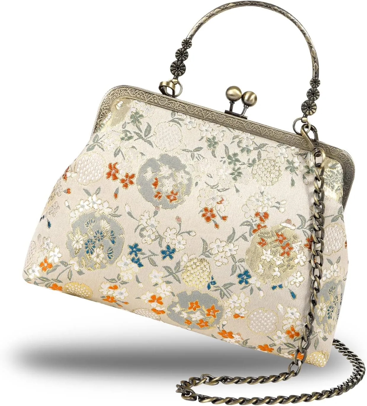 Floral Top-Handle Handbag, Kiss Lock Evening Bag for Women, Vintage Handbag