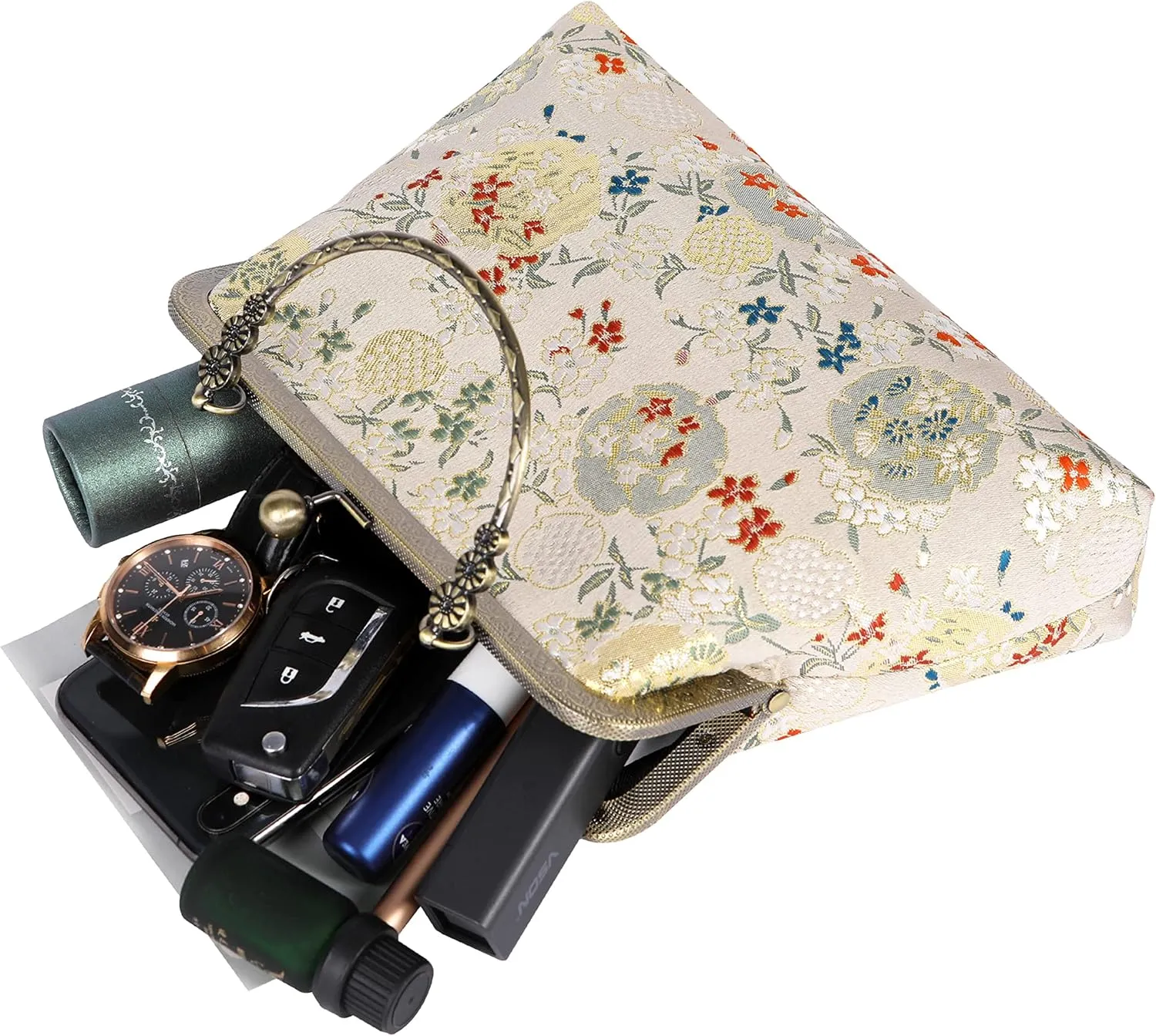 Floral Top-Handle Handbag, Kiss Lock Evening Bag for Women, Vintage Handbag