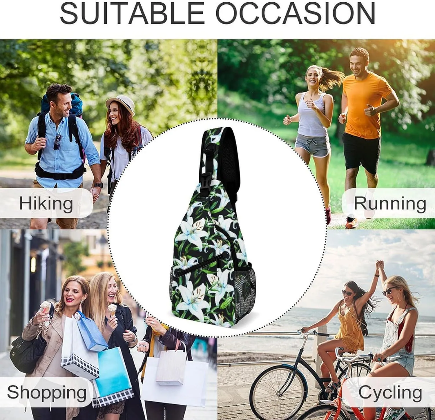Flower Print Sling Backpack Crossbody Backpack for Women Casual Gym Travel Chest Shoulder Bag Leisure Sports Outdoor Running Hiking One Size