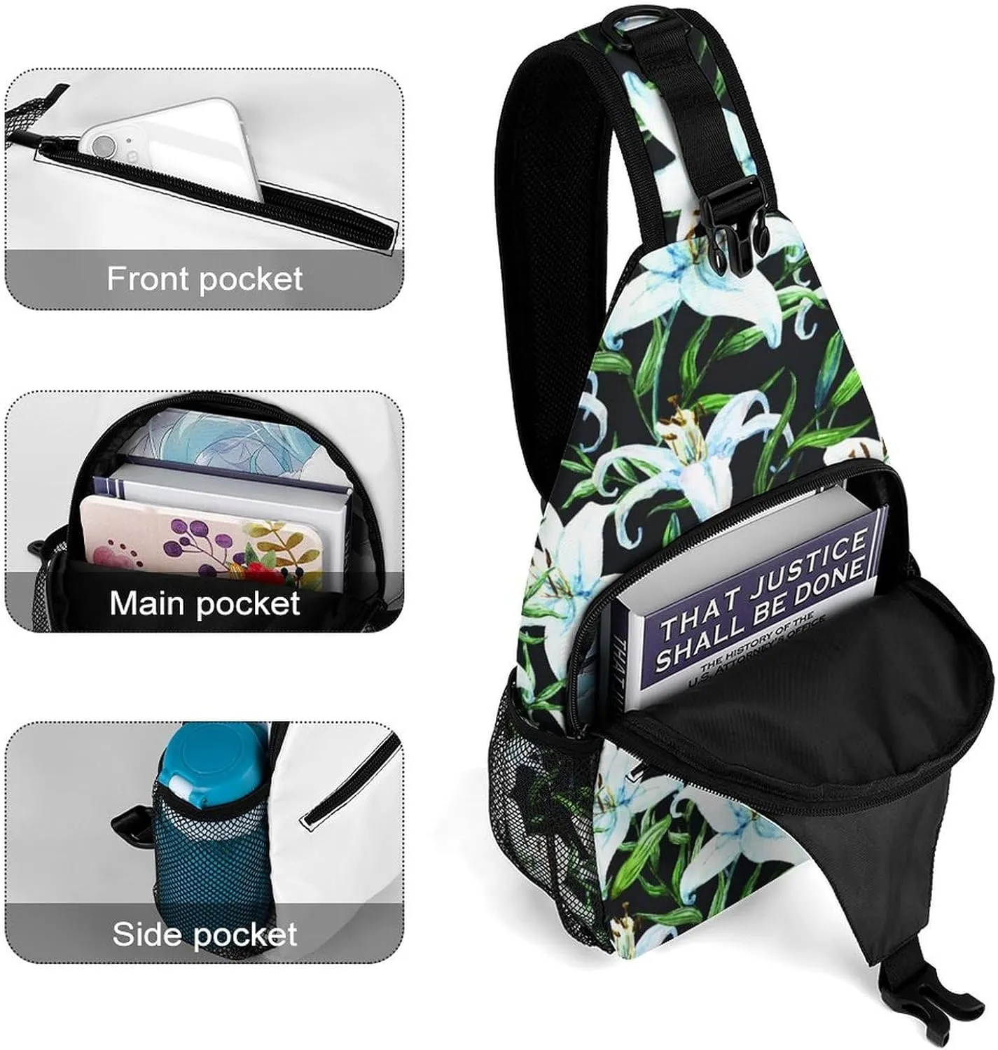 Flower Print Sling Backpack Crossbody Backpack for Women Casual Gym Travel Chest Shoulder Bag Leisure Sports Outdoor Running Hiking One Size