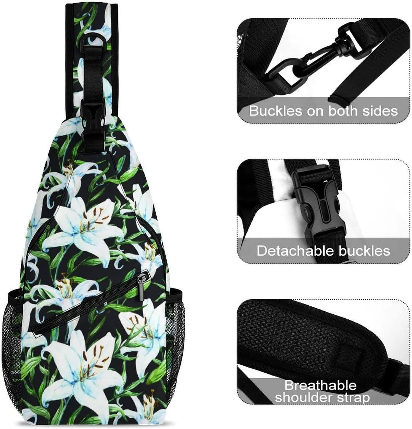 Flower Print Sling Backpack Crossbody Backpack for Women Casual Gym Travel Chest Shoulder Bag Leisure Sports Outdoor Running Hiking One Size