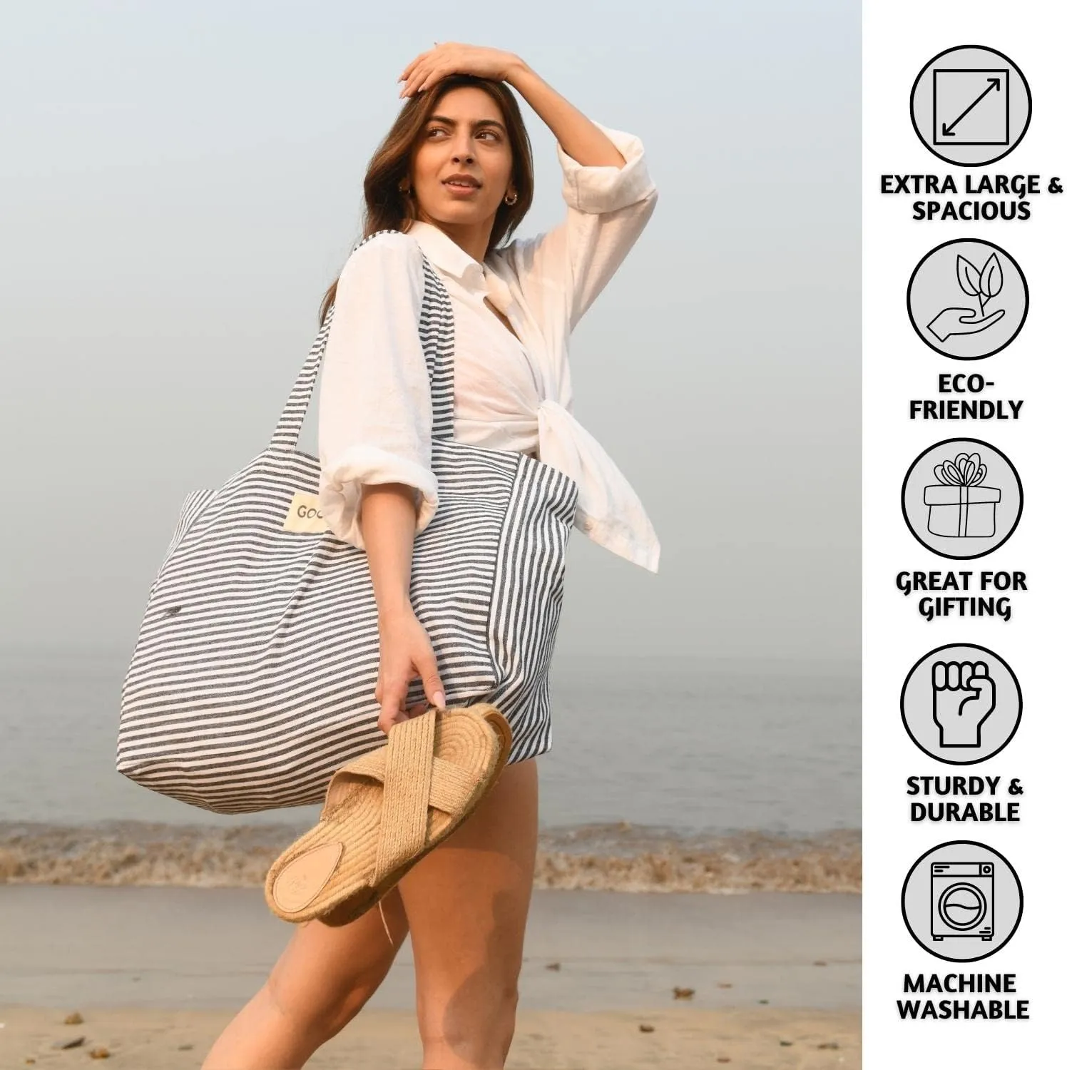 Folkulture Beach Bag for Women | 17 x 14 Inch - 100% Cotton Beach Tote Bag with Zipper Pocket Inside, Large Woven Pool Bag