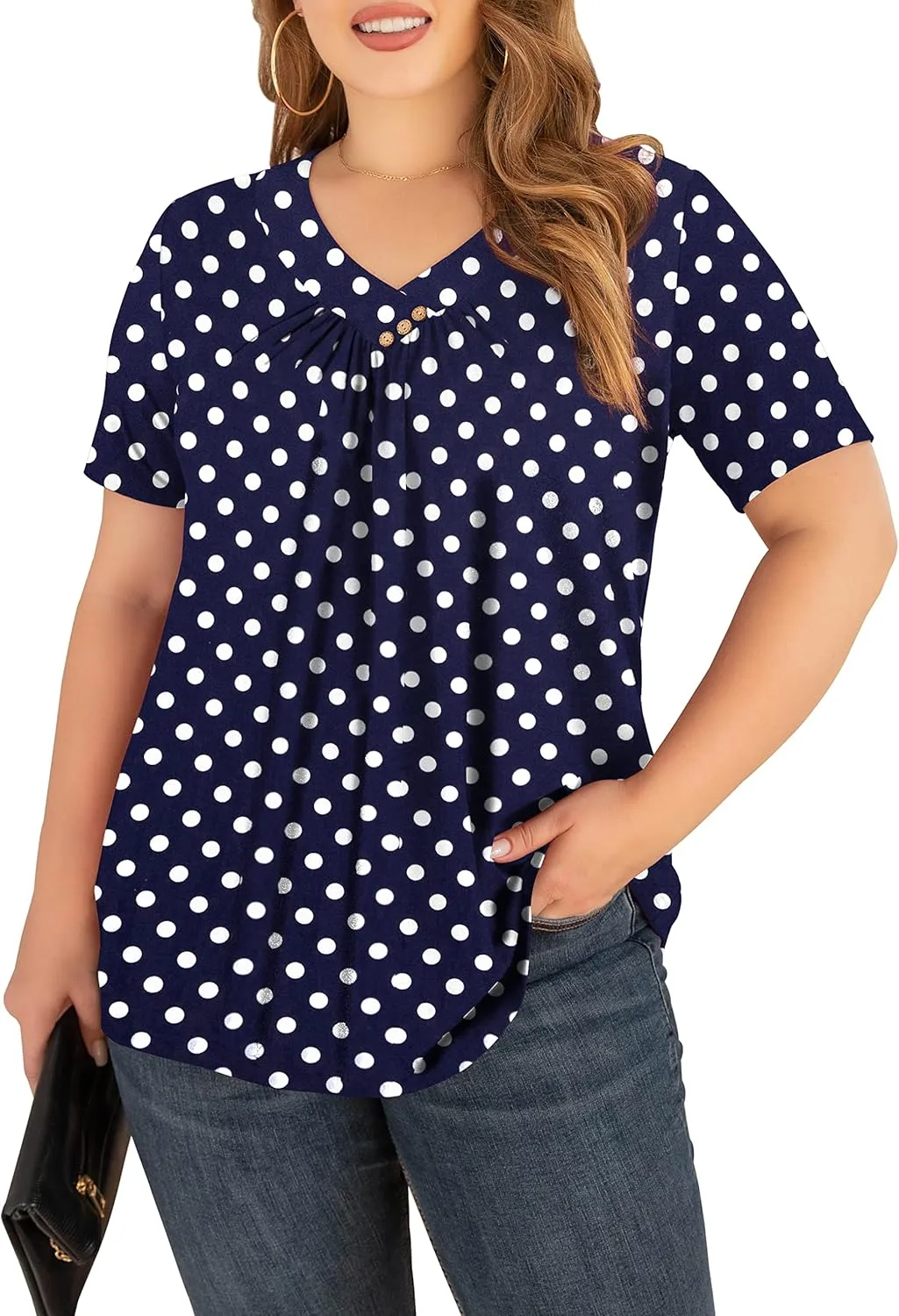 FOLUNSI Women’s Plus Size Short Sleeve Henley Shirt V Neck Floral Blouses Tunic Tops M-4XL