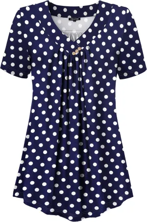 FOLUNSI Women’s Plus Size Short Sleeve Henley Shirt V Neck Floral Blouses Tunic Tops M-4XL