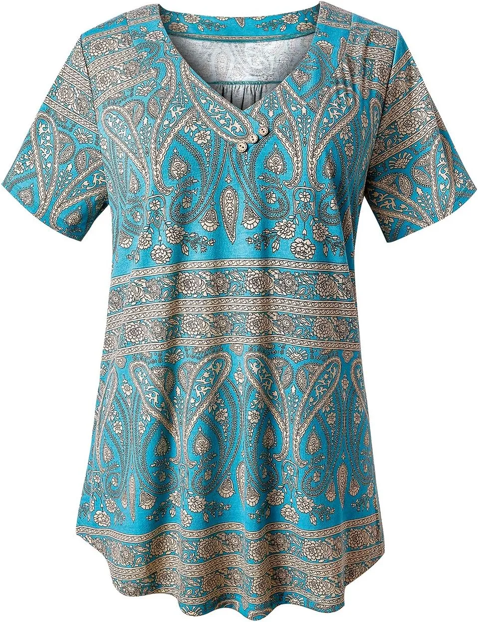 FOLUNSI Women’s Plus Size Short Sleeve Henley Shirt V Neck Floral Blouses Tunic Tops M-4XL