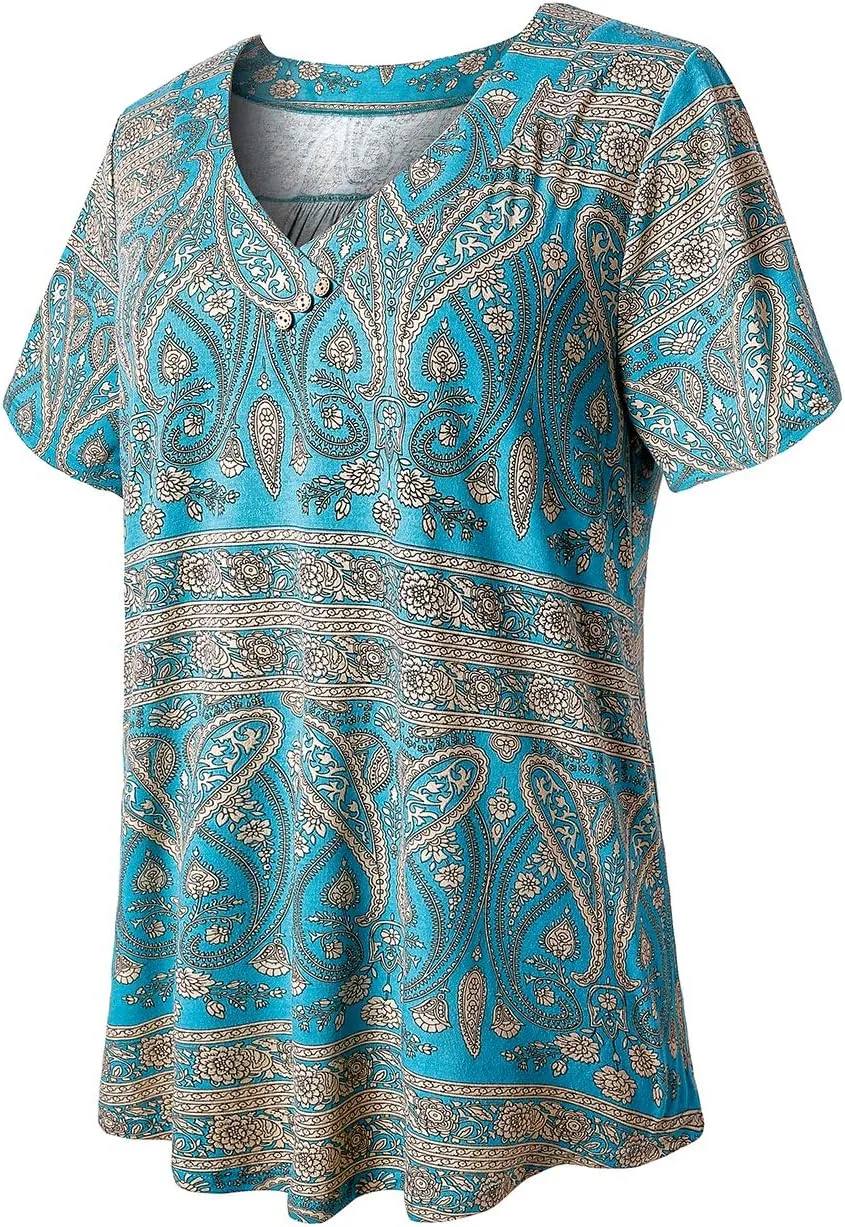 FOLUNSI Women’s Plus Size Short Sleeve Henley Shirt V Neck Floral Blouses Tunic Tops M-4XL