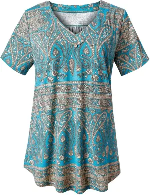 FOLUNSI Women’s Plus Size Short Sleeve Henley Shirt V Neck Floral Blouses Tunic Tops M-4XL