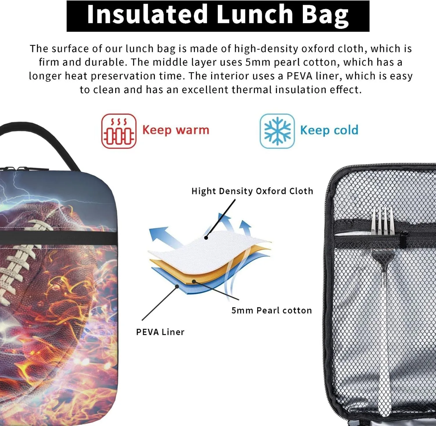 Football Lunch Box Reusable Insulated Totes Lunch Bag Thermal Cooler For Boy Girls School Men Women Beach Picnic Travel