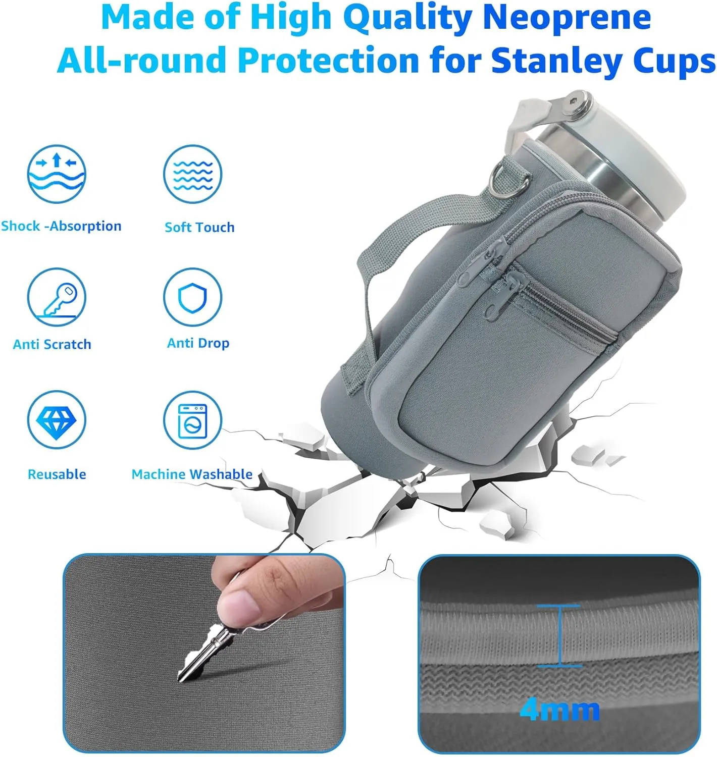 for Stanley Iceflow Flip Straw Tumbler 30 oz, Water Bottle Cup Holder Cover Carrier Sling Bag with Strap, Pouch Pocket for Phone / Accessories, add Handle for Stanley Flip Straw, Neoprene (Grey)
