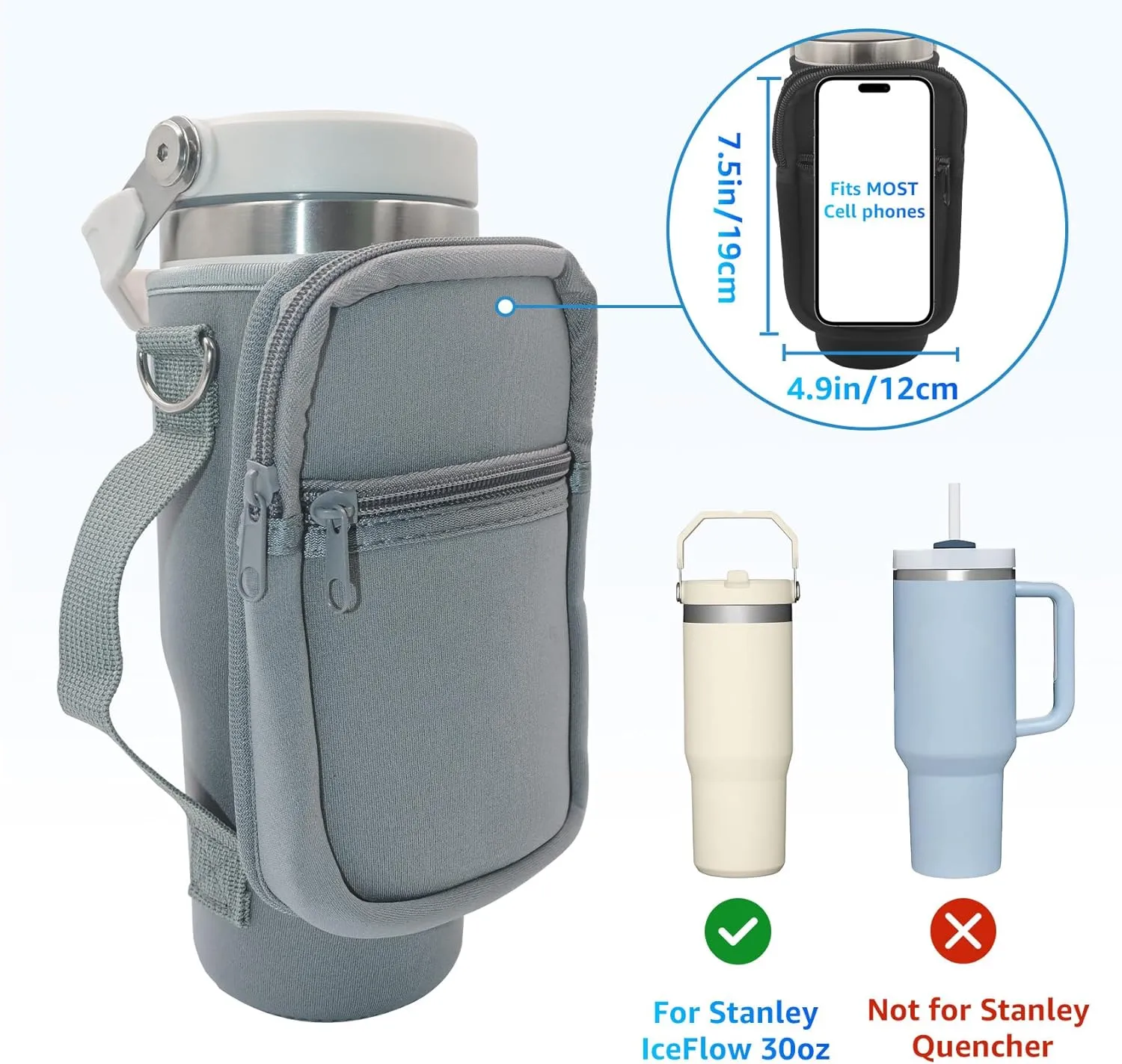 for Stanley Iceflow Flip Straw Tumbler 30 oz, Water Bottle Cup Holder Cover Carrier Sling Bag with Strap, Pouch Pocket for Phone / Accessories, add Handle for Stanley Flip Straw, Neoprene (Grey)