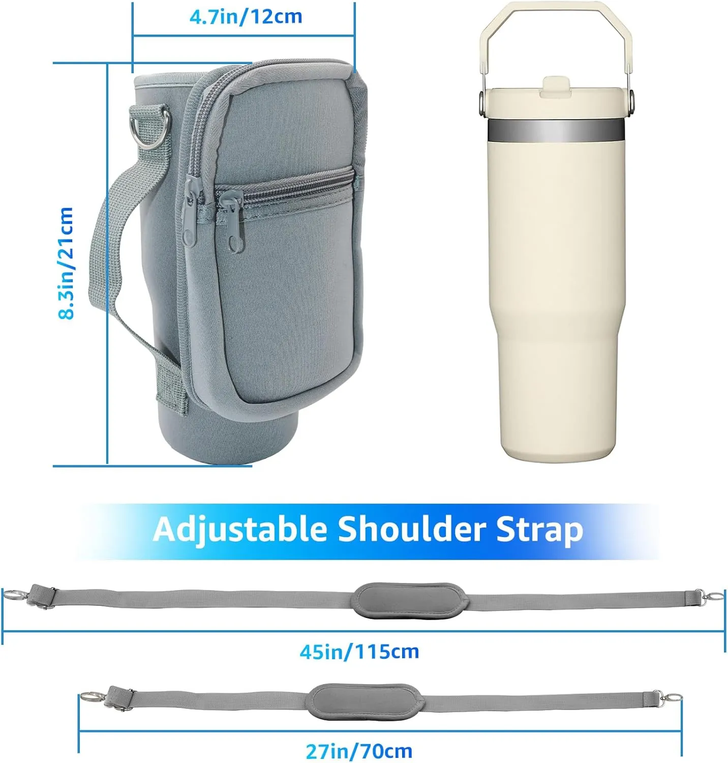 for Stanley Iceflow Flip Straw Tumbler 30 oz, Water Bottle Cup Holder Cover Carrier Sling Bag with Strap, Pouch Pocket for Phone / Accessories, add Handle for Stanley Flip Straw, Neoprene (Grey)