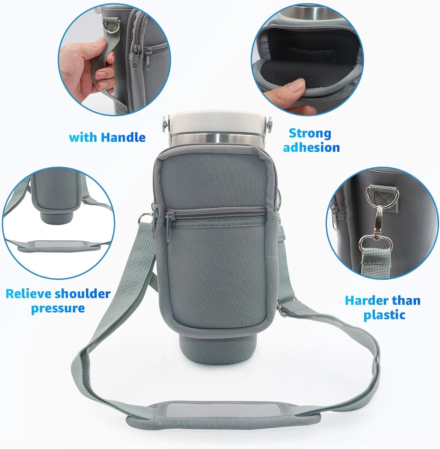 for Stanley Iceflow Flip Straw Tumbler 30 oz, Water Bottle Cup Holder Cover Carrier Sling Bag with Strap, Pouch Pocket for Phone / Accessories, add Handle for Stanley Flip Straw, Neoprene (Grey)