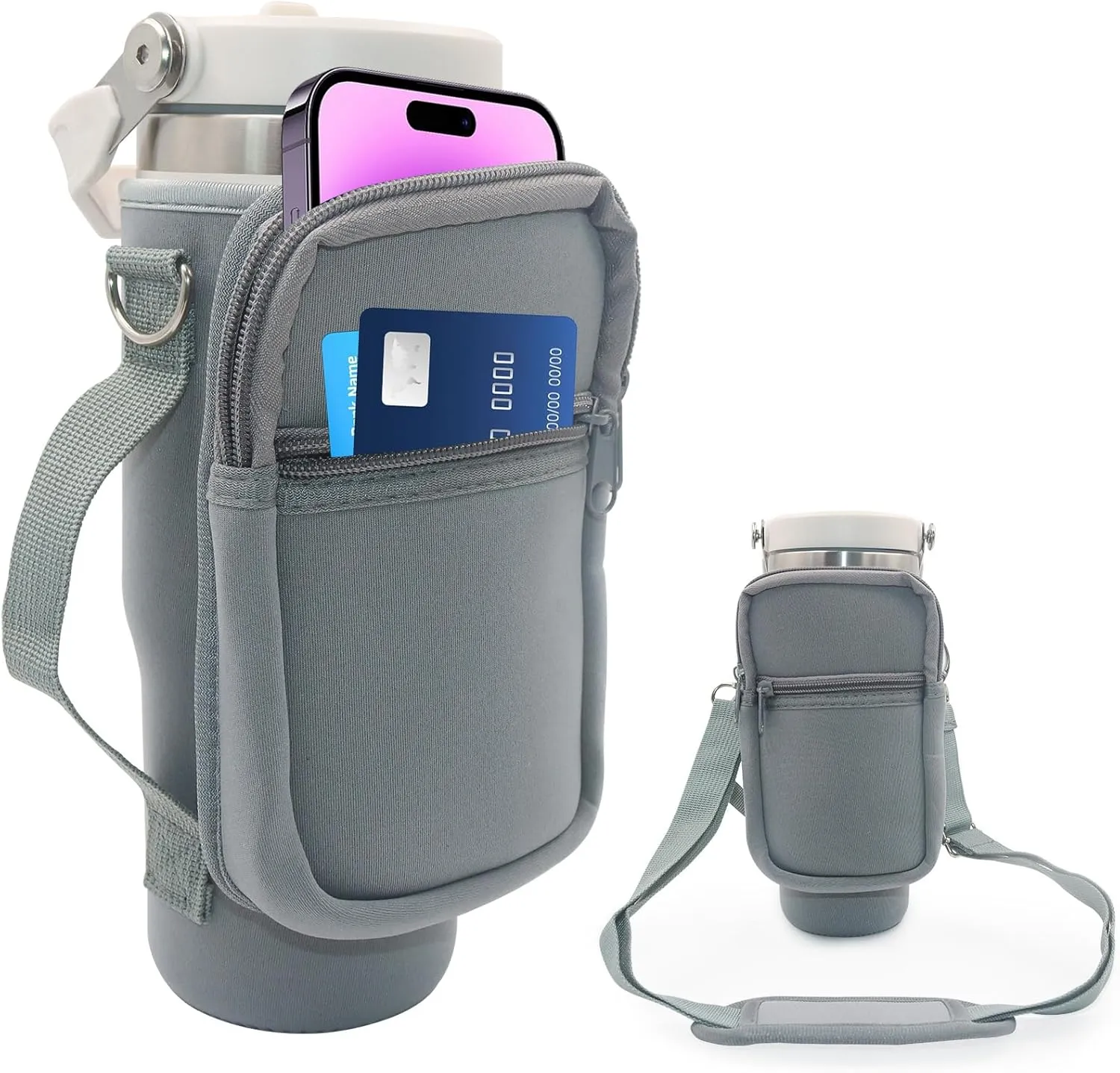 for Stanley Iceflow Flip Straw Tumbler 30 oz, Water Bottle Cup Holder Cover Carrier Sling Bag with Strap, Pouch Pocket for Phone / Accessories, add Handle for Stanley Flip Straw, Neoprene (Grey)